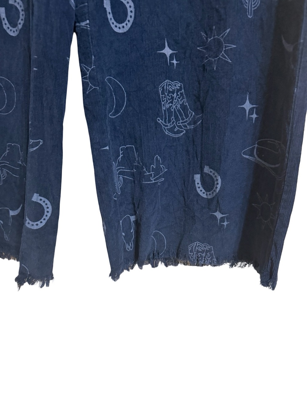 Umgee Women’s Navy Blue Corduroy Pants with Western Print and Raw Hem Sz Medium - Picture 4 of 4